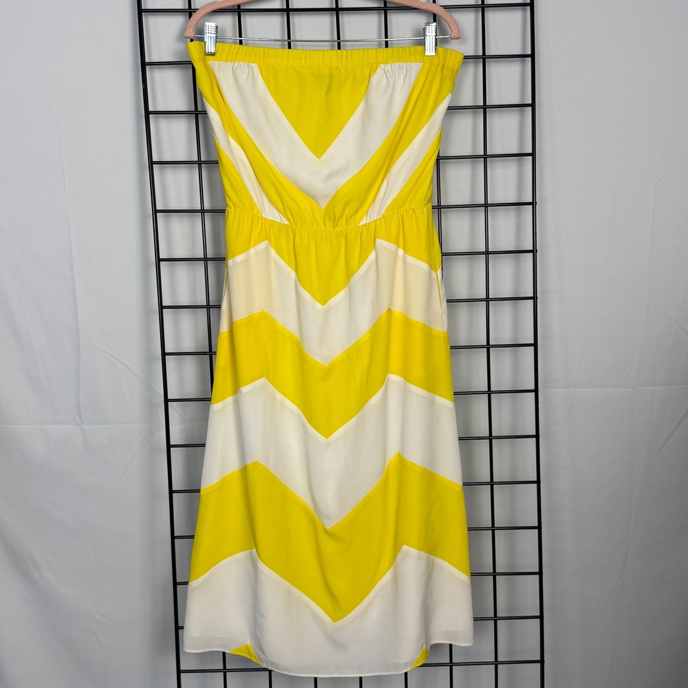 Bebe Strapless Chevron Dress Womens Medium Yellow White Zig Zag Midi Tube Dress